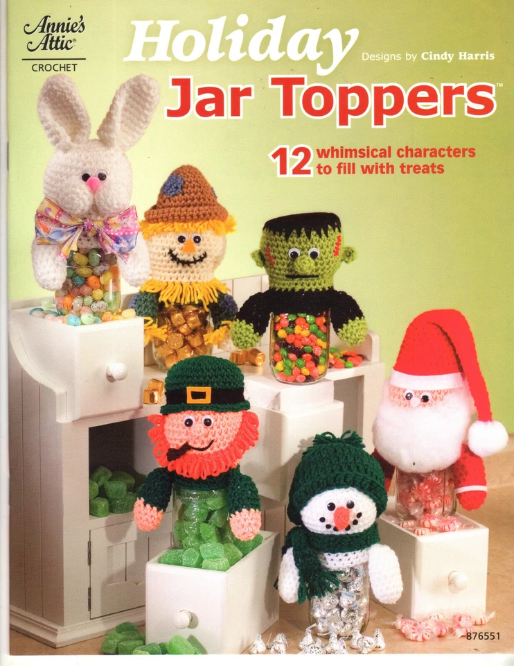 Holiday Jar Toppers Annie's Attic Crochet Pattern Book 876551 Santa Scarecrow