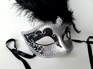 New Venetian Feather Mask with Ostrich Feathers - Masquerade Masks -Choose Color - Picture 1 of 10