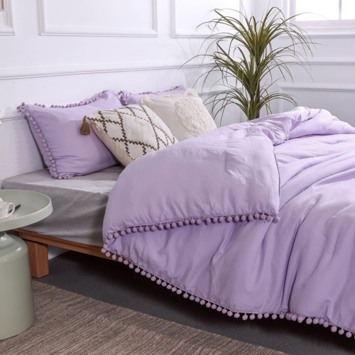 Lavender Purple Twin Ball Pom Fringe Design Comforter Set 2Pcs, Boho