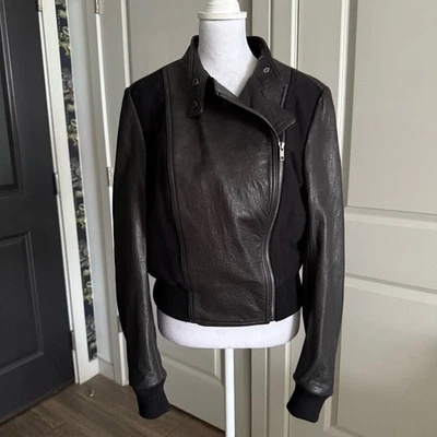 Theory Black Leather Classic Style Bomber Jacket with Wool Trim Size L - Image 1 of 4