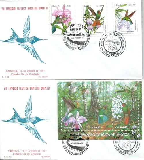 BRAZIL 1991 ORCHID Flowers & HUMMING-BIRDS Set of 3 + S.Sheet on 2 K.Filet FDCs - Image 1 of 3