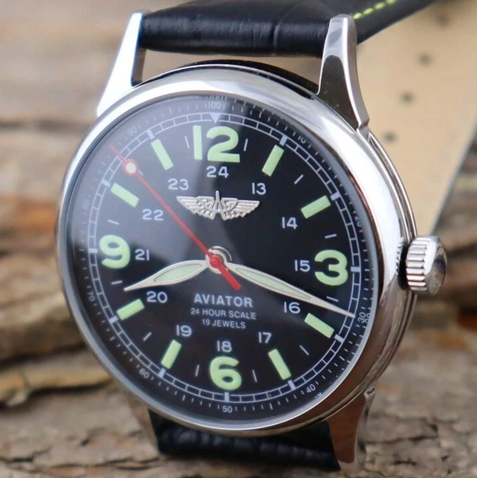 Reloj Mecánico Aviador 17 Joyas Esfera 24 Horas Manecillas Luminosas Nuevo Foto 1 de 4