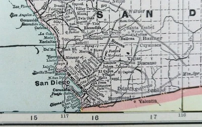 Mapa vintage del sur de California 1902 22"x14" ~ antiguo antiguo original SAN DIEGO CA Foto 1 de 4