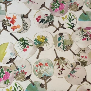 Vtg Linen Cotton Fabric Watercolor Fan Floral & Goldfish Print Yardage Remnant - Picture 1 of 9