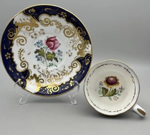 Taza de té y platillo de porcelana inglesa Georgian Regency pintado a mano floral dorado - Imagen 1 de 21