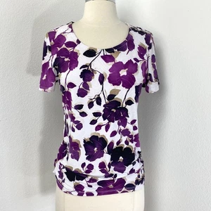 Top JM púrpura floral elástico mediano fruncido laterales Cottagecore Boho caprichoso hada - Imagen 1 de 10