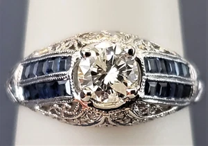 Natural 0.57CT Diamond & Blue Sapphire filigree engagement ring 18K S-7 - Picture 1 of 18