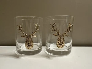 Stag Deer Whiskey Glasses Gold 3-D Gold Set Of 2 No Box - Picture 1 of 8