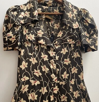 Original 1970’s BIBA Dress Long 40’s Style Red And Cream Flowers On Grey Small - Image 1 of 4