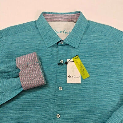 Robert Graham Brixton Linen / Cotton Shirt LS Flip Cuffs Size S Men Turquoise - Image 1 of 4