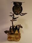 Handmade Mcm Brutalist Copper Owl In Tree On Natural Stone Figurine Sculpture