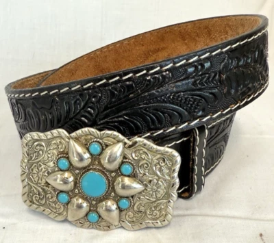 Ремень кожаный черный тисненый никелевый серебристый с пряжкой из искусственной бирюзы 34-36 вестерн винтажный - Изображение 1 из 4
