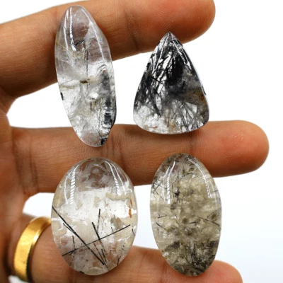 4 Pcs Natural Tourmaline Rutile Quartz Hi-Grade 28mm-39mm Cabochon Gemstones Lot - Image 1 of 4