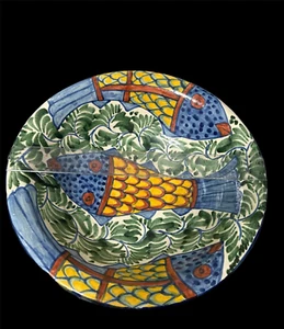 VTG Talavera Pottery Bowl Fish Design Mexico Hand Painted Huge 14" Salad Pasta - Picture 1 of 10