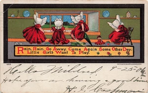 SUNBONNET GIRLS RAIN GO AWAY LITTLE GIRLS WANT TO PLAY 1906 POSTCARD 060325 U - Picture 1 of 2
