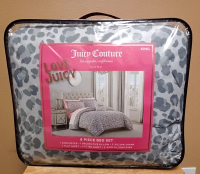 Juicy Couture Grey Leopard Print 8pc KING Bed Set Comforter, Shams,Sheets,Pillow - Image 1 of 4