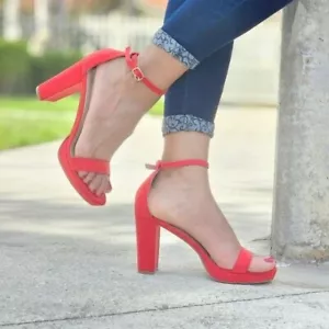 Women's Suede Ankle Strap Block Heel Dress Sandals Red Color - Picture 1 of 5