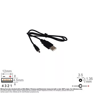 Cable USB DC Power A Type Male 3513 Barrel Plug 3.5mm OD 1.3mm ID 2FT - Picture 1 of 2