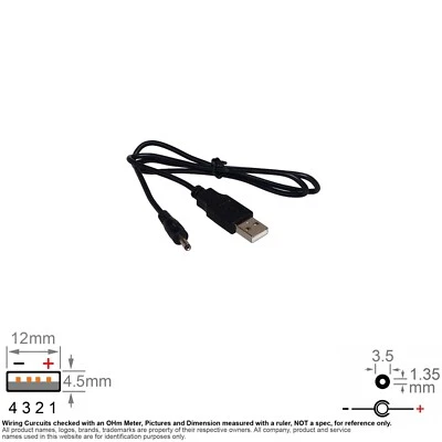 Cable USB DC Power A Type Male 3513 Barrel Plug 3.5mm OD 1.3mm ID 2FT - Image 1 of 2