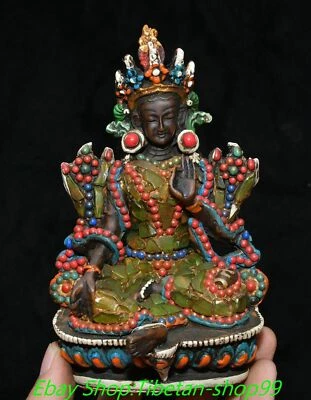 6'' Old Tibet Bone Inlaid Gems Dzi Bead Green Tara Mahayana Buddhism Statue - Image 1 of 4