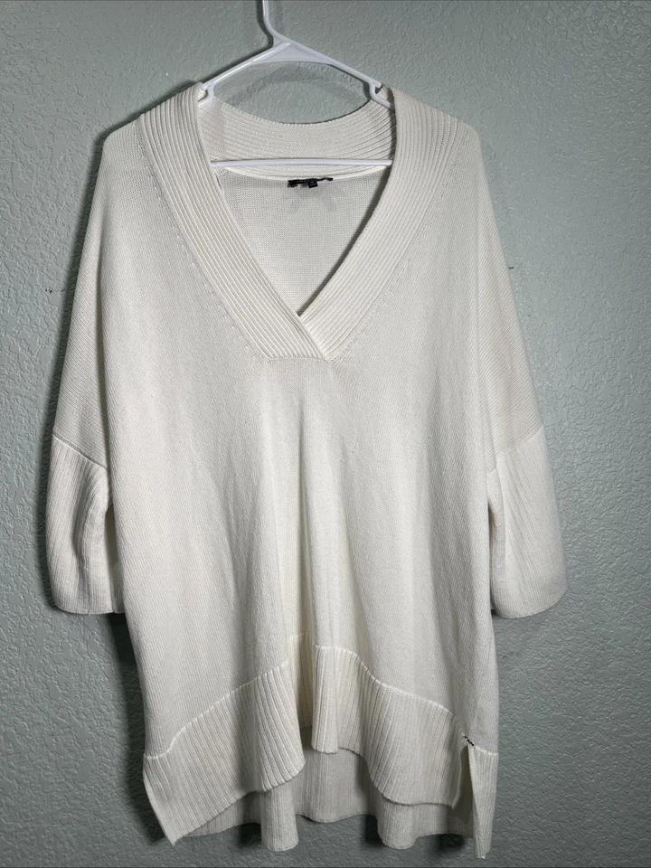 Lafayette 148 Sweater Top Womens M White Silk Blend Knit V Neck Oversized Tunic - Image 1 of 4