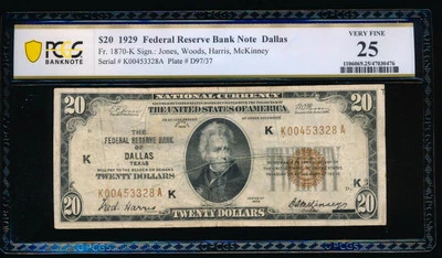AC 1929 $20 FRBN Dallas PCGS 25 Fr 1870-K - Image 1 of 2