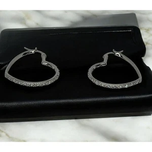 Heart Hoop Earrings Silver Plated Fashion Shiny Stylish Trendy Chic CZ NWT - Picture 1 of 10