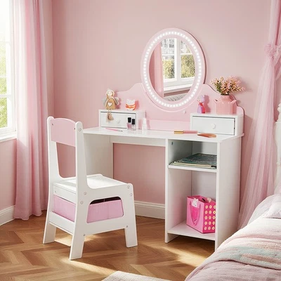 Pink Kids Girl Vanity Table Chair Set Gift Makeup Dressing Mirror,Lights,2Drawer - Image 1 of 4