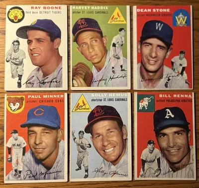 1954 Topps Baseball Lote De 6, Ray Boone, Harvey Haddix, Dean Stone, Muito bom estado - Imagem 1 de 4