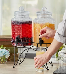 1 Gallon Double Glass Beverage Drink Water Ice Tea Dispenser Jar With Stand - Picture 1 of 6
