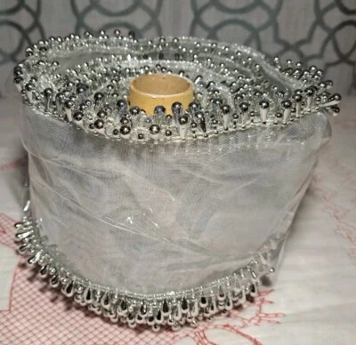 Wire Edge Ribbon 5" Wide Silver Plastic Beaded Teardrop Roll Shimmery Christmas - Image 1 of 4