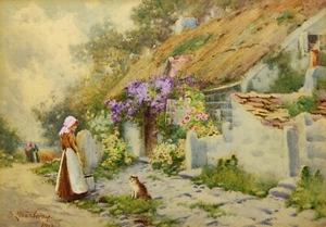 JOHN LYNAS GRAU ORIGINAL ANTIK AQUARELL GEMÄLDE FRAU & KATZENHÜTTE GARTEN - Bild 1 von 24