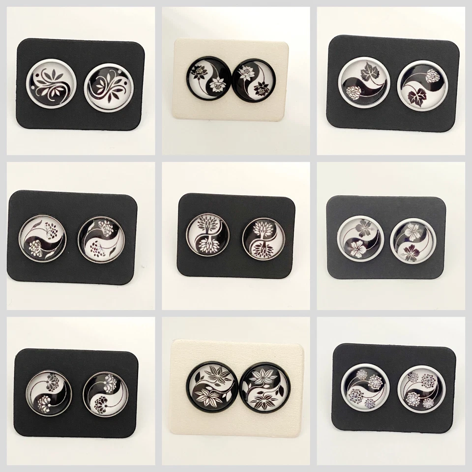 1 Paar Cabochon Ohrstecker 12 mm HANDMADE Yin Yang  Edelstahl schwarz weiß 379d - Bild 1 von 1
