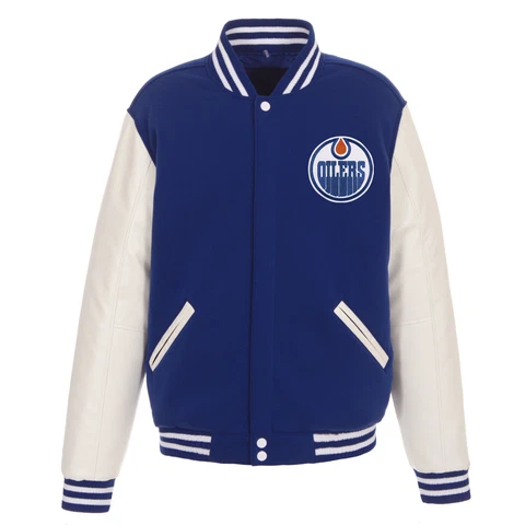 NHL Edmonton Oilers Reversible Fleece Jacket PVC Sleeves 2 Front Patch Logos Cover