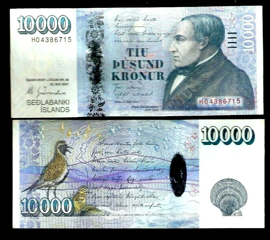 ICELAND 10000 KRONUR P-61 2001 Hybrid Polymer Bird Hallgrimsson AUNC Money NOTE - Image 1 of 3