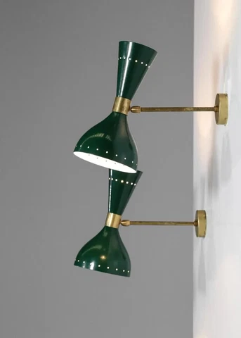 Pair of 1950s Modern Italian Wall Lights 'Diabolo' Green Wall Fixtures Scones Cover