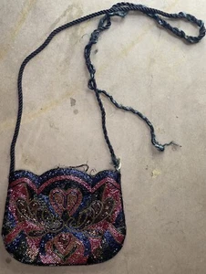Bolso de Noche Vintage Hecho a Mano con Cuentas Cartera Cordón Satinado Negro Dorado Años 80 Cóctel - Imagen 1 de 5