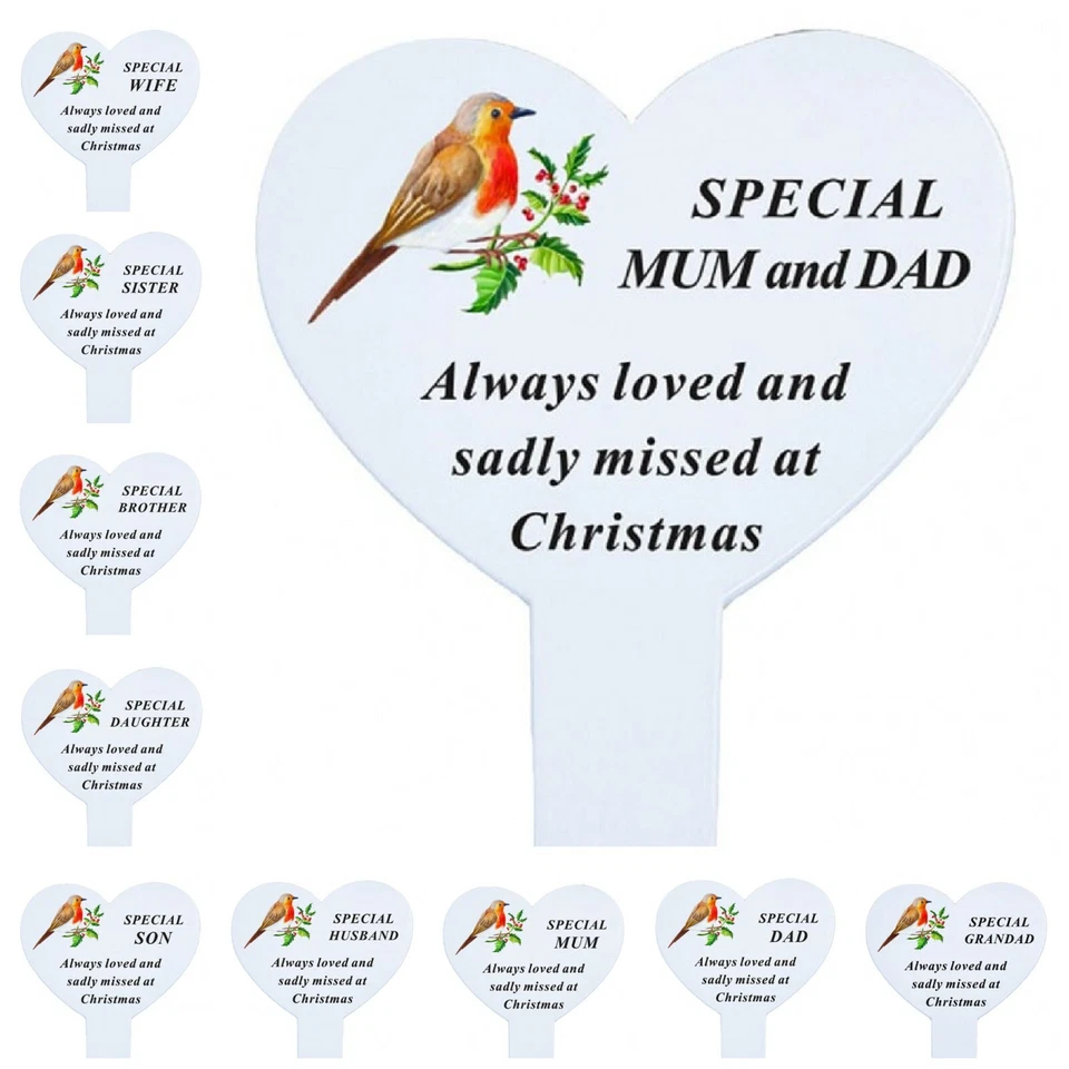 White Heart Christmas Memorial Robin Stake Stick - Xmas Plaque Verse Graveside - Image 1 of 1
