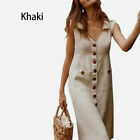 Women Button Summer Dress Ladies Boho Cotton Linen V Neck Midi Dress With Pocket