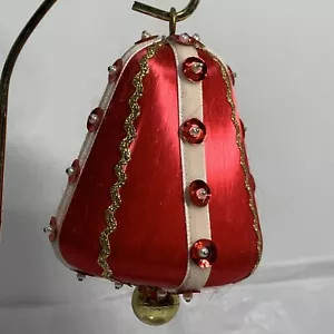 VINTAGE RED SATIN BELL Christmas Ornament SEQUINS GOLD White RIBBON Rick Rack 4" - Picture 1 of 6