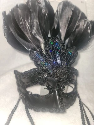 Máscara de Mascarada Mardi Gras Lentejuelas Negras Estilo Pavo Real Plumas Brillante Brillante Foto 1 de 4