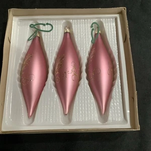 Set of 3 Finely Crafted European Glass Teardrop Ornaments – 6" Pink & Gold –... - Picture 1 of 3