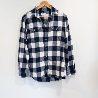 Sonoma Navy & White Buffalo Plaid Cotton Flannel Shirt Cabincore Small - Image 1 of 4