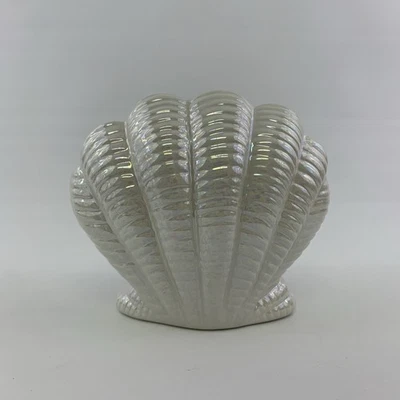 "Florero iridiscente concha marina cerámica blanca 5"" océano costa mar decoración náutica" Foto 1 de 4