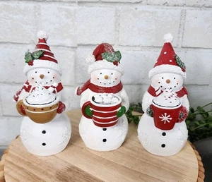Snowman Hot Cocoa Christmas Village Figures 3 Pc Resin 5.75" Santa Hats NEW - Picture 1 of 11