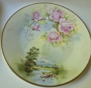 Antique Hand Painted Roses Plate with Country Lake Boat Scene Prussia - Picture 1 of 10