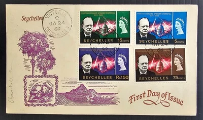 1966 Seychelles Winston Churchill FDC lazos 4 estampillas CD Victoria Foto 1 de 2