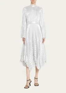 JONATHAN SIMKHAI Size 12 Masha Metallic Silk Plisse Chevron Midi Dress - Picture 1 of 11
