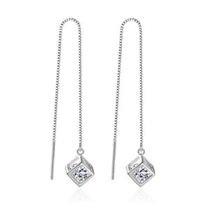 Women 925 Sterling Silver Zircon Crystal Cube Long Ear Chain/Link Stud Earring
