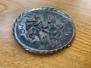 Silver Tone Steer Wrestling Belt Buckle - Picture 1 of 3